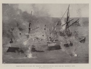 Exercice de tir à jour, le Belleisle après quatre minutes de tir des canons du Majestic - Fred T. Jane